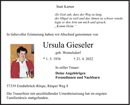 Traueranzeige von Ursula Gieseler von Siegener Zeitung
