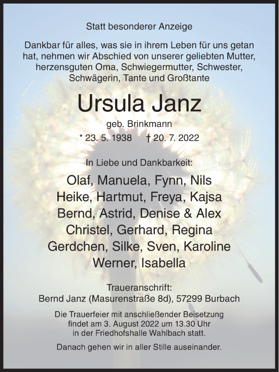 Traueranzeige von Ursula Janz von Siegener Zeitung
