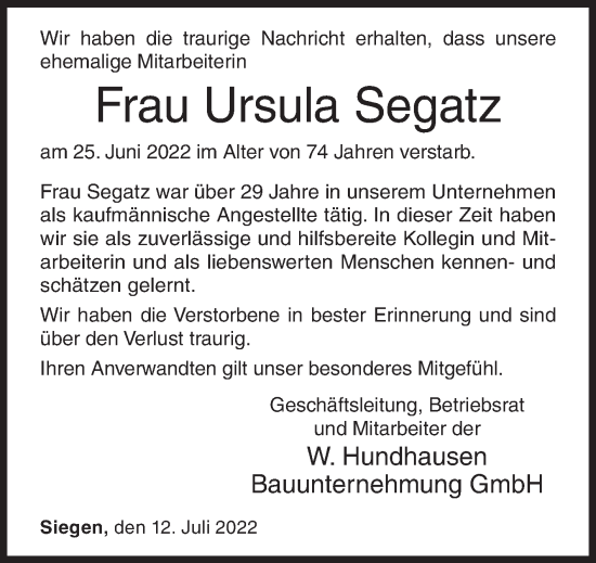 Traueranzeige von Ursula Segatz von Siegener Zeitung