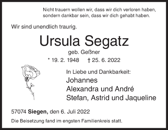 Traueranzeige von Ursula Segatz von Siegener Zeitung