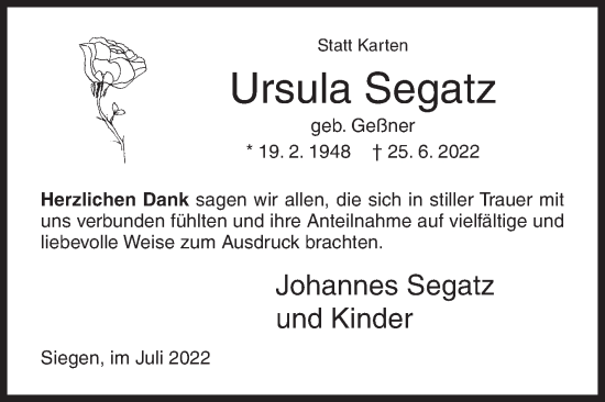 Traueranzeige von Ursula Segatz von Siegener Zeitung