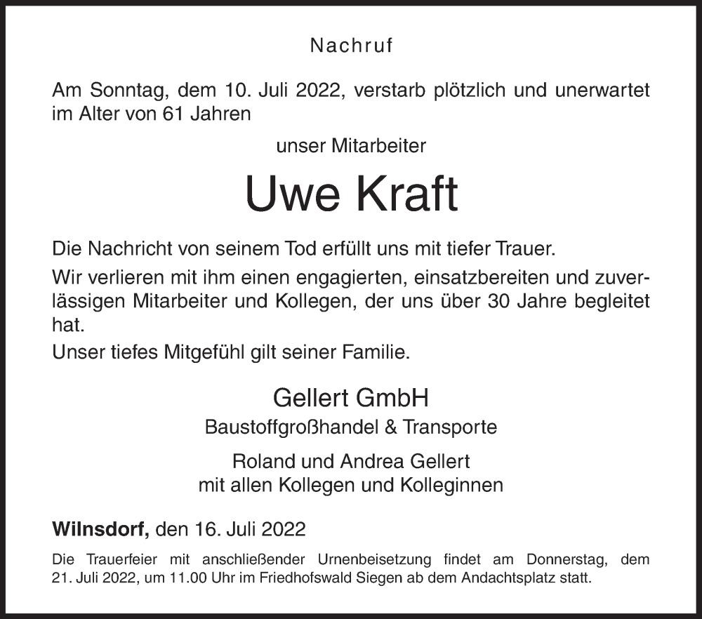  Traueranzeige für Uwe Kraft vom 16.07.2022 aus Siegener Zeitung