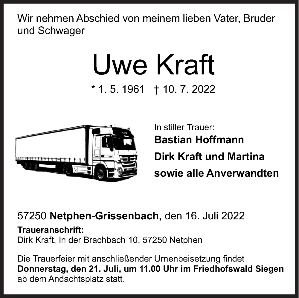  Traueranzeige für Uwe Kraft vom 16.07.2022 aus Siegener Zeitung