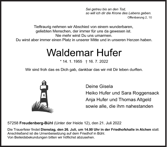 Traueranzeige von Waldemar Hufer von Siegener Zeitung