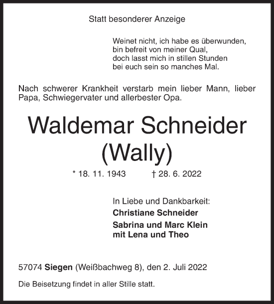 Traueranzeige von Waldemar Schneider von Siegener Zeitung