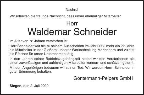 Traueranzeige von Waldemar Schneider von Siegener Zeitung