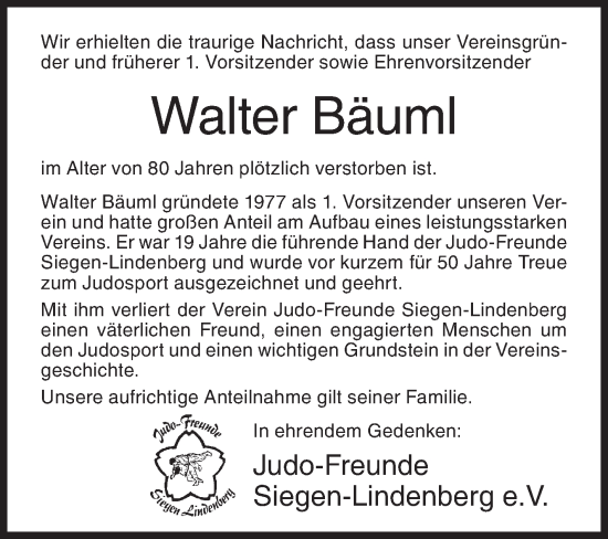 Traueranzeige von Walter Bäuml von Siegener Zeitung