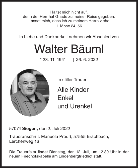 Traueranzeige von Walter Bäuml von Siegener Zeitung