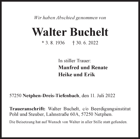 Traueranzeige von Walter Buchelt von Siegener Zeitung