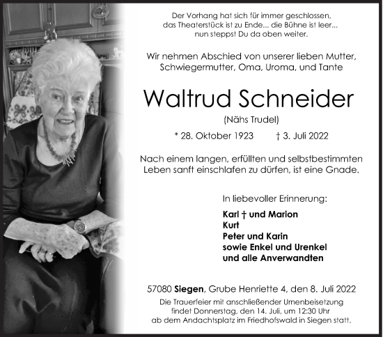 Traueranzeige von Waltrud Schneider von Siegener Zeitung