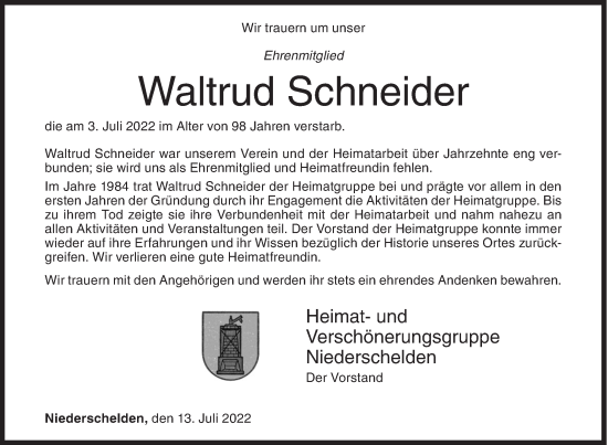 Traueranzeige von Waltrud Schneider von Siegener Zeitung