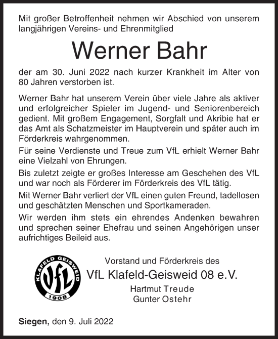 Traueranzeige von Werner Bahr von Siegener Zeitung