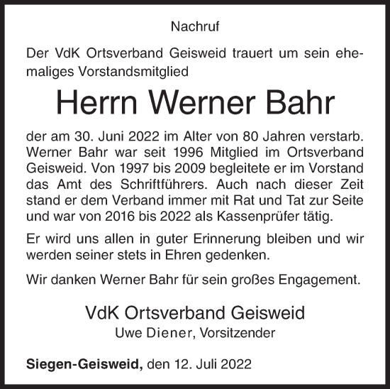Traueranzeige von Werner Bahr von Siegener Zeitung
