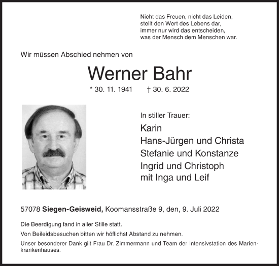 Traueranzeige von Werner Bahr von Siegener Zeitung