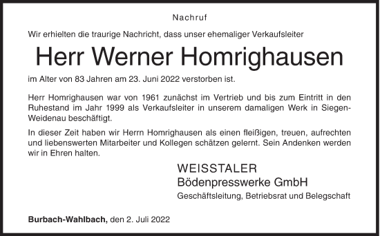 Traueranzeige von Werner Homrighausen von Siegener Zeitung