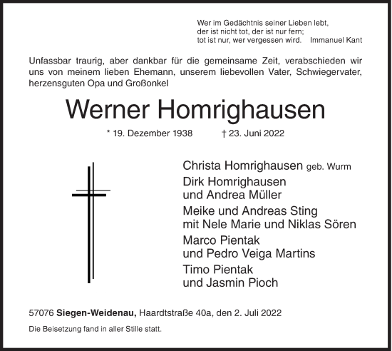 Traueranzeige von Werner Homrighausen von Siegener Zeitung