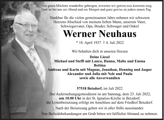 Traueranzeige von Werner Neuhaus von Siegener Zeitung