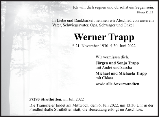Traueranzeige von Werner Trapp von Siegener Zeitung
