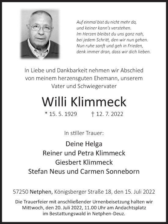 Traueranzeige von Willi Klimmeck von Siegener Zeitung