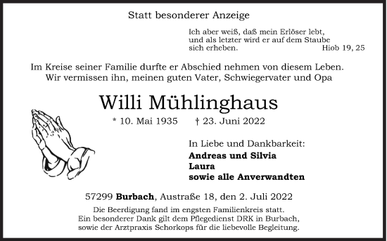 Traueranzeige von Willi Mühlinghaus von Siegener Zeitung