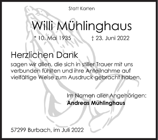 Traueranzeige von Willi Mühlinghaus von Siegener Zeitung