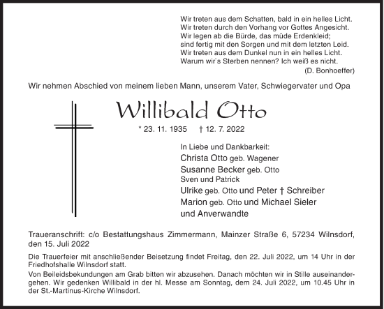Traueranzeige von Willibald Otto von Siegener Zeitung