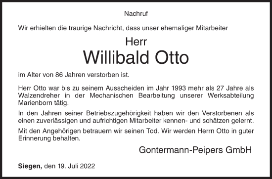 Traueranzeige von Willibald Otto von Siegener Zeitung