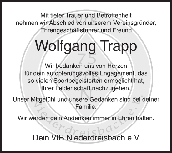 Traueranzeige von Wolfgang Trapp von Siegener Zeitung