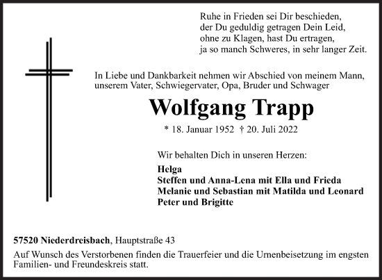 Traueranzeige von Wolfgang Trapp von Siegener Zeitung