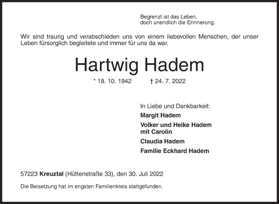 Traueranzeige von Hartwig Hadem 