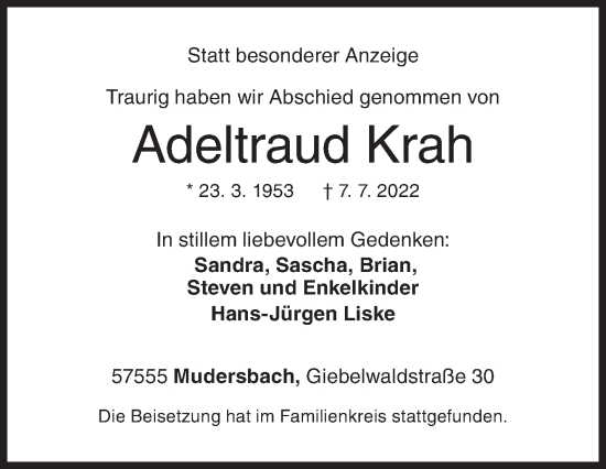 Traueranzeige von Adeltraud Krah von Siegener Zeitung