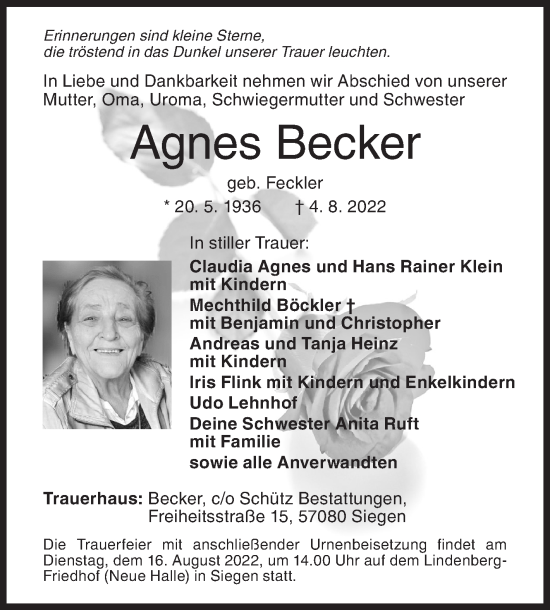 Traueranzeige von Agnes Becker von Siegener Zeitung