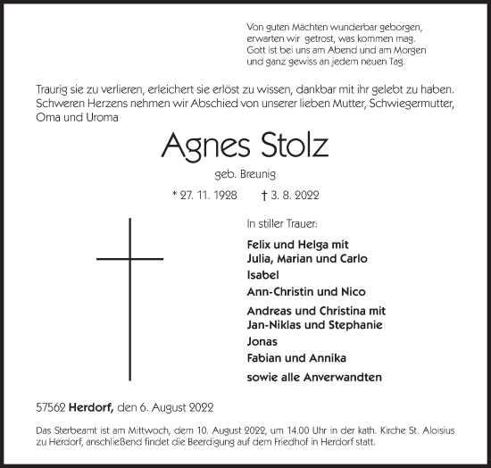 Traueranzeige von Agnes Stolz von Siegener Zeitung