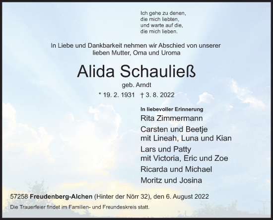 Traueranzeige von Alida Schauließ von Siegener Zeitung