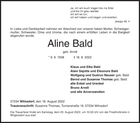 Traueranzeige von Aline Bald von Siegener Zeitung