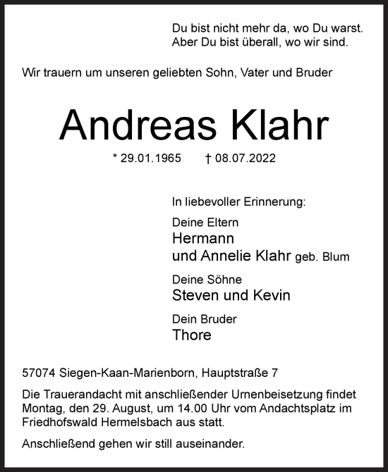 Traueranzeige von Andreas Klahr von Siegener Zeitung