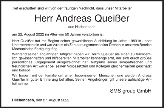 Traueranzeige von Andreas Queißer von Siegener Zeitung