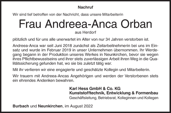 Traueranzeige von Andreea-Anca Orban von Siegener Zeitung