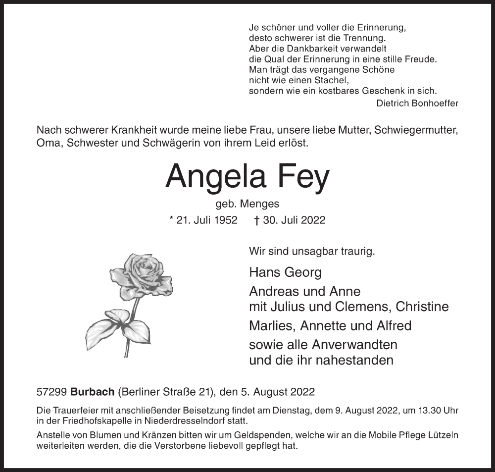  Traueranzeige für Angela Fey vom 05.08.2022 aus Siegener Zeitung