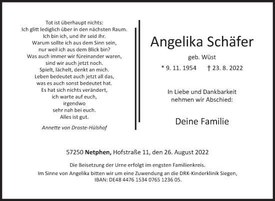 Traueranzeige von Angelika Schäfer von Siegener Zeitung
