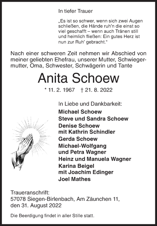 Traueranzeige von Anita Schoew von Siegener Zeitung