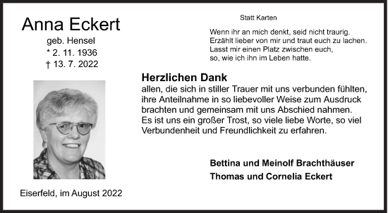 Traueranzeige von Anna Eckert von Siegener Zeitung