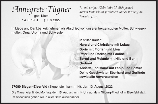 Traueranzeige von Annegrete Fügner von Siegener Zeitung