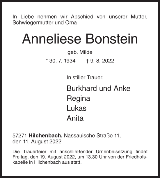 Traueranzeige von Anneliese Bonstein von Siegener Zeitung