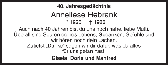 Traueranzeige von Anneliese Hebrank von Siegener Zeitung