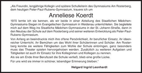 Traueranzeige von Anneliese Koerdt von Siegener Zeitung