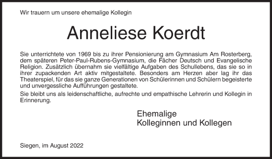 Traueranzeige von Anneliese Koerdt von Siegener Zeitung