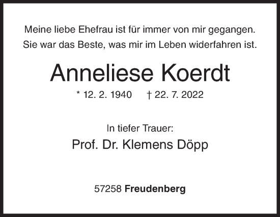Traueranzeige von Anneliese Koerdt von Siegener Zeitung