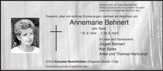 Traueranzeige von Annemarie Behnert von Siegener Zeitung
