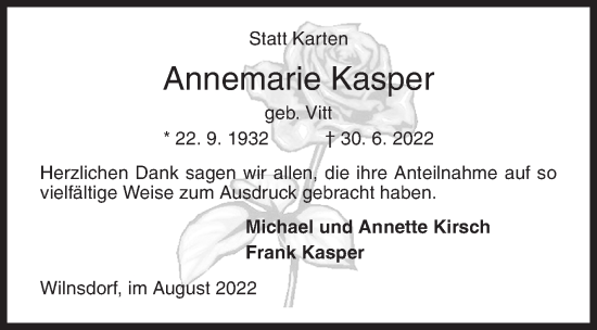 Traueranzeige von Annemarie Kasper von Siegener Zeitung